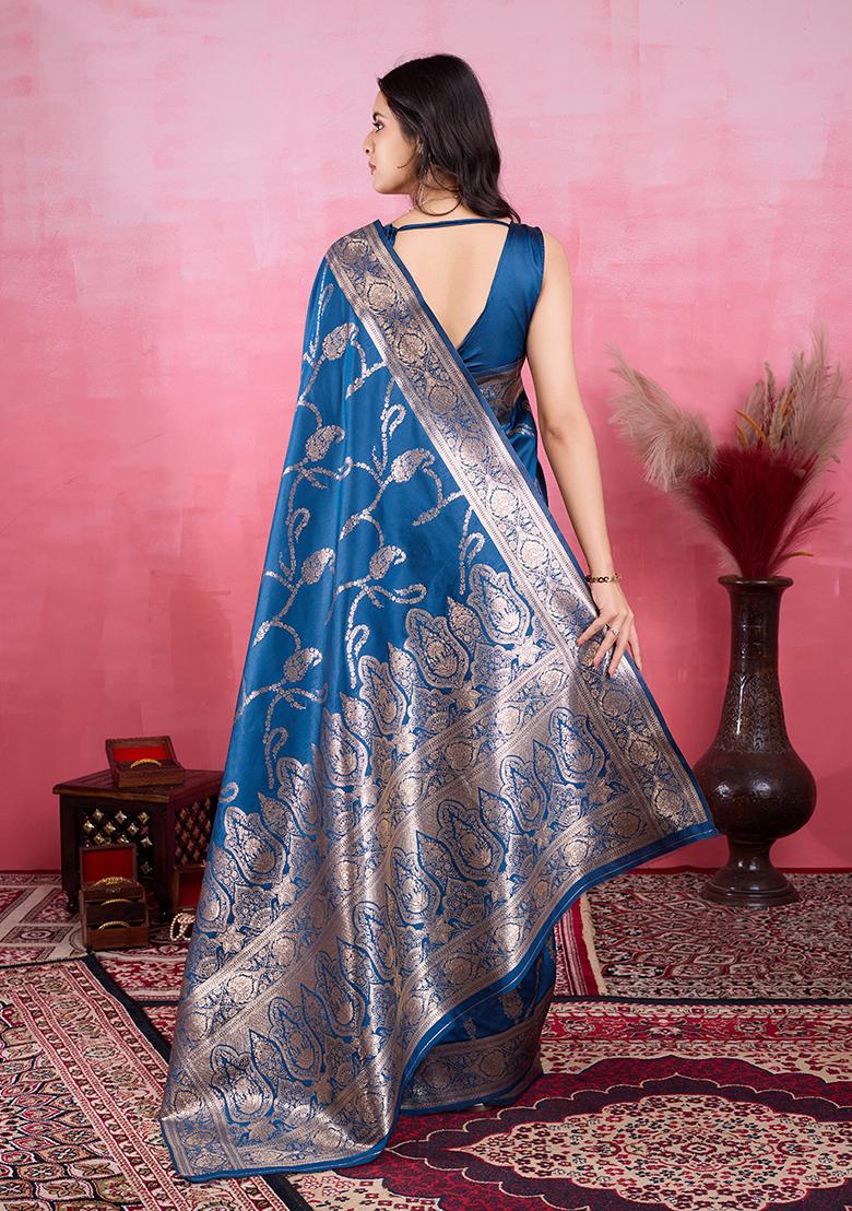 Blue Jacquard Silk Saree Set