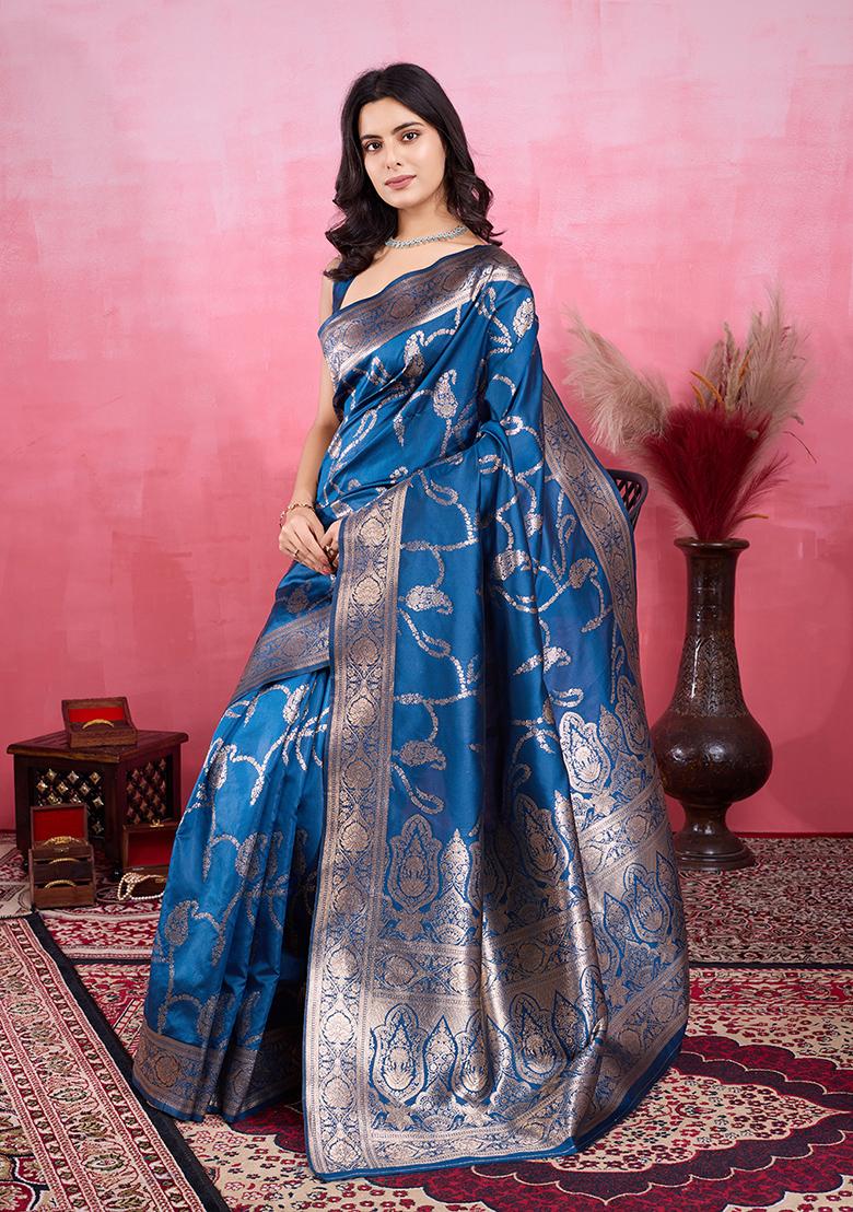 Blue Jacquard Silk Saree Set
