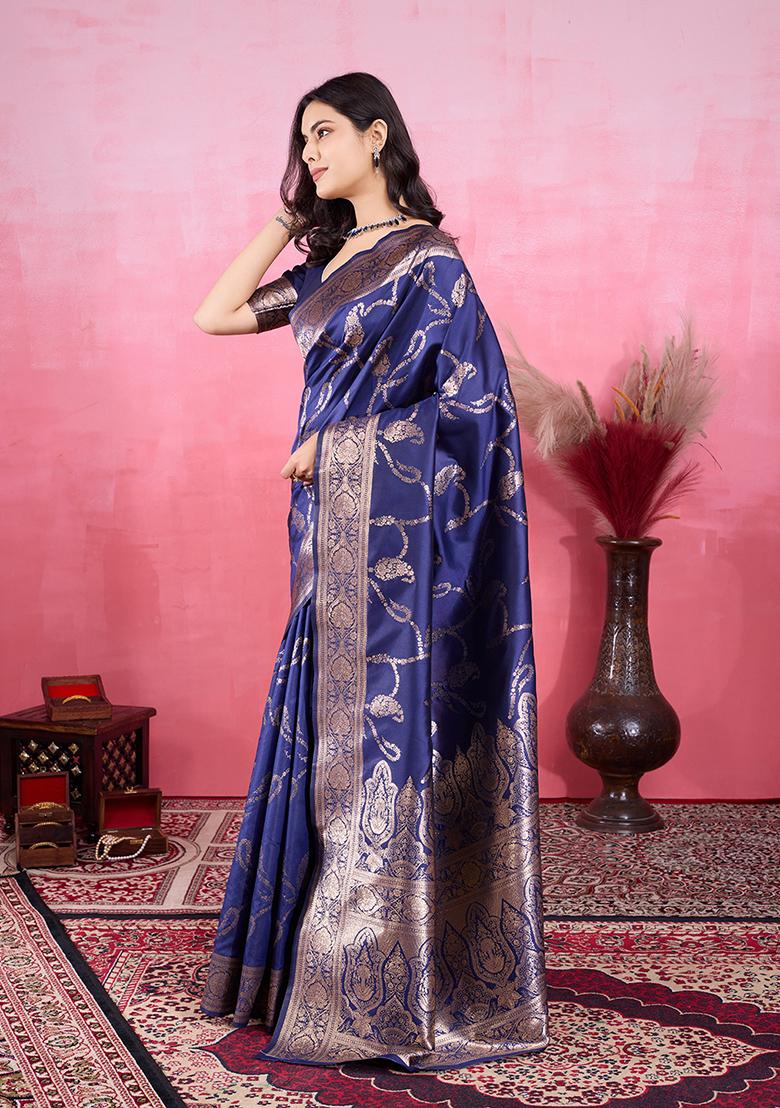 Navy Blue Jacquard Silk Saree Set