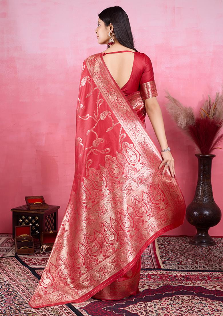 Red Jacquard Silk Saree Set