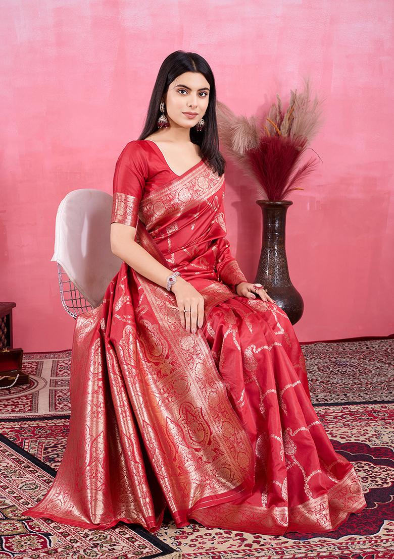 Red Jacquard Silk Saree Set