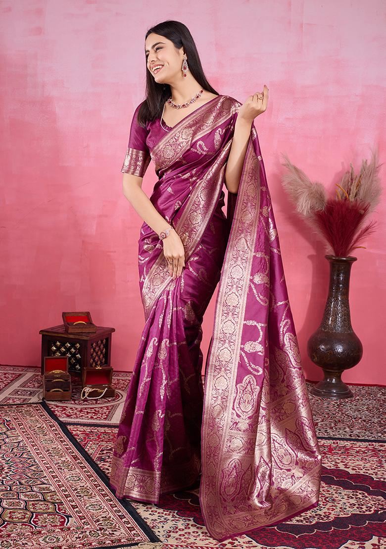 Wine Jacquard Silk Saree Set