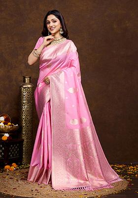 Pink Jacquard Silk Saree Set