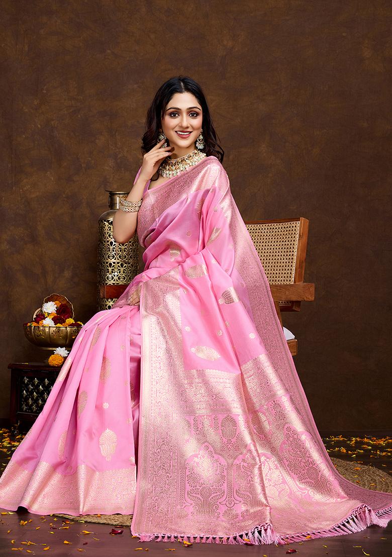 Pink Jacquard Silk Saree Set