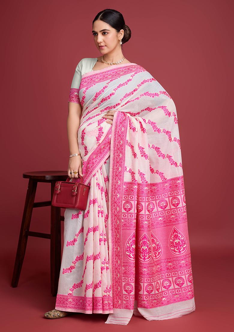 Pink Jacquard Cotton Saree Set