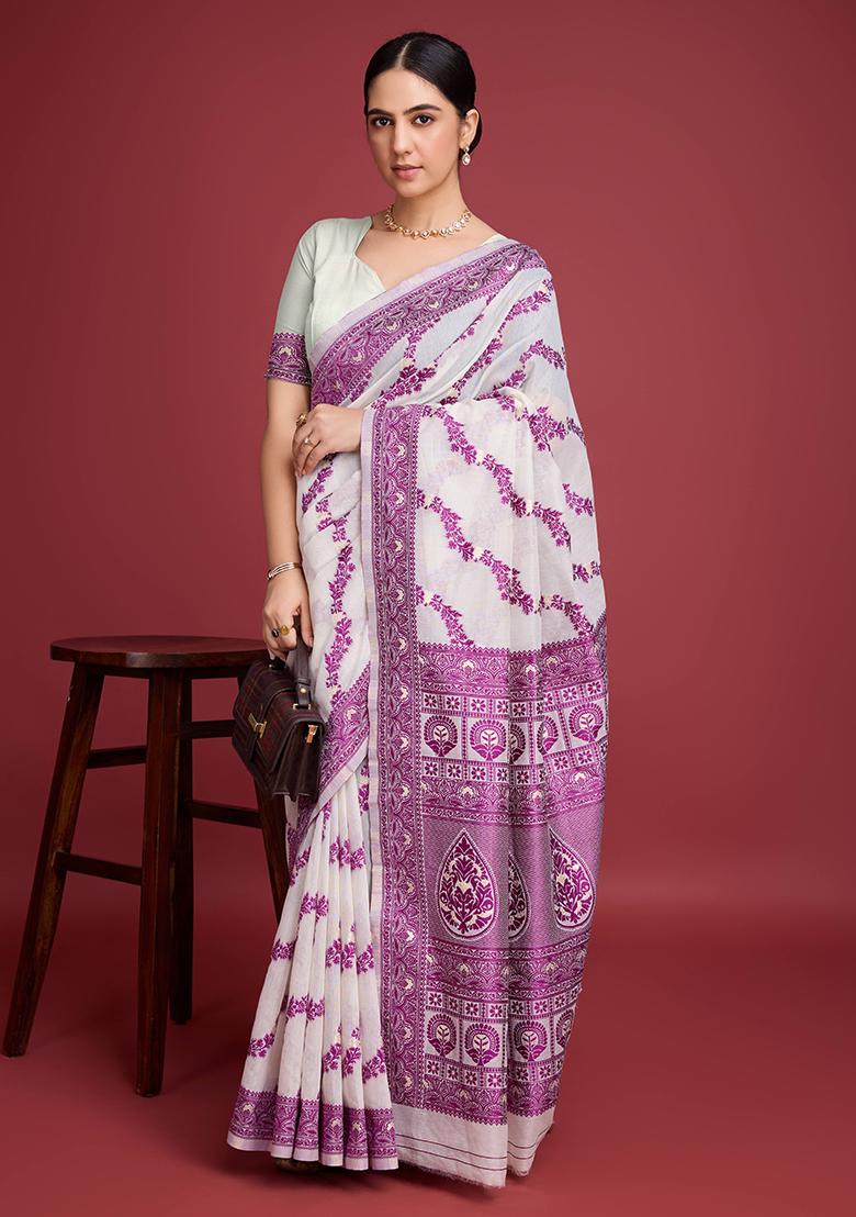 Wine Jacquard Cotton Saree Set
