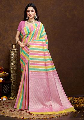 Pink Jacquard Cotton Saree Set