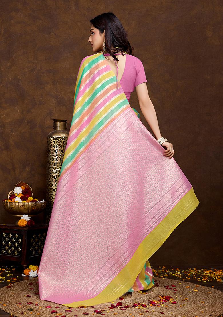 Pink Jacquard Cotton Saree Set