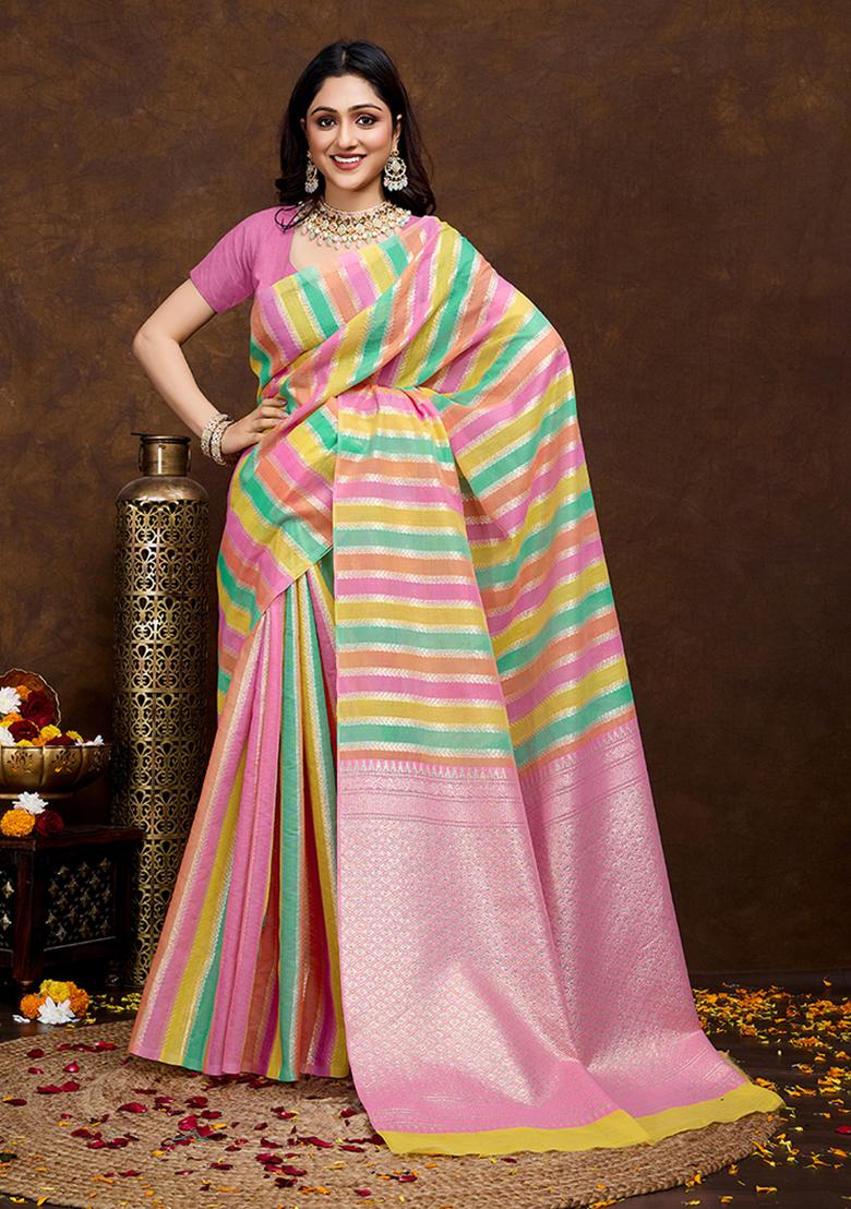 Pink Jacquard Cotton Saree Set