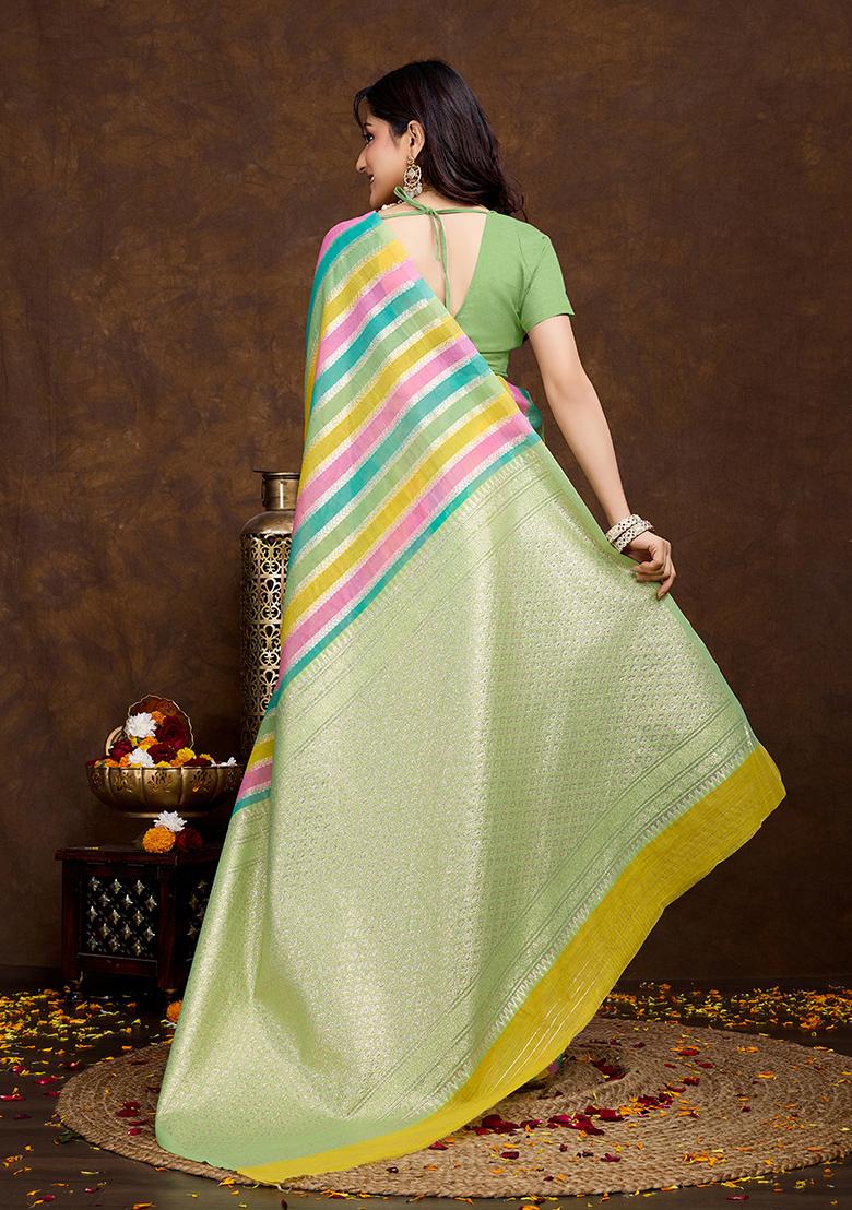 Pista Green Jacquard Cotton Saree Set