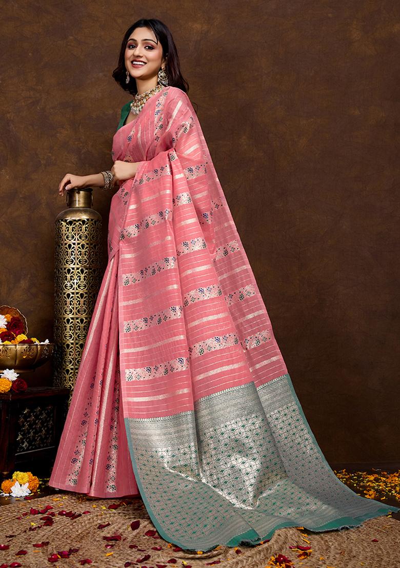 Gajri Pink Jacquard Cotton Saree Set