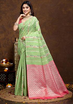 Pista Green Jacquard Cotton Saree Set