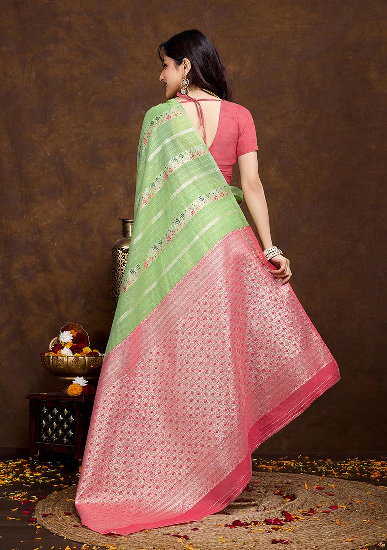 Pista Green Jacquard Cotton Saree Set