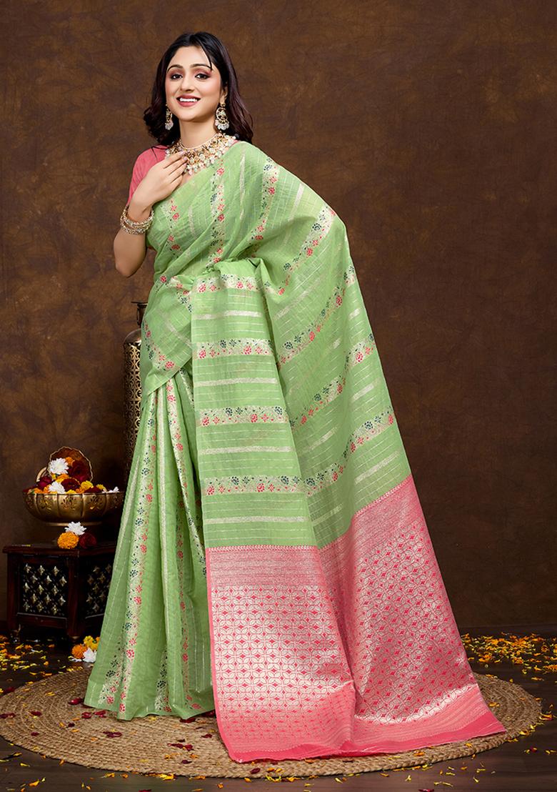 Pista Green Jacquard Cotton Saree Set