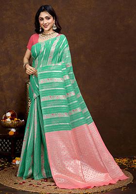 Sea Green Jacquard Cotton Saree Set