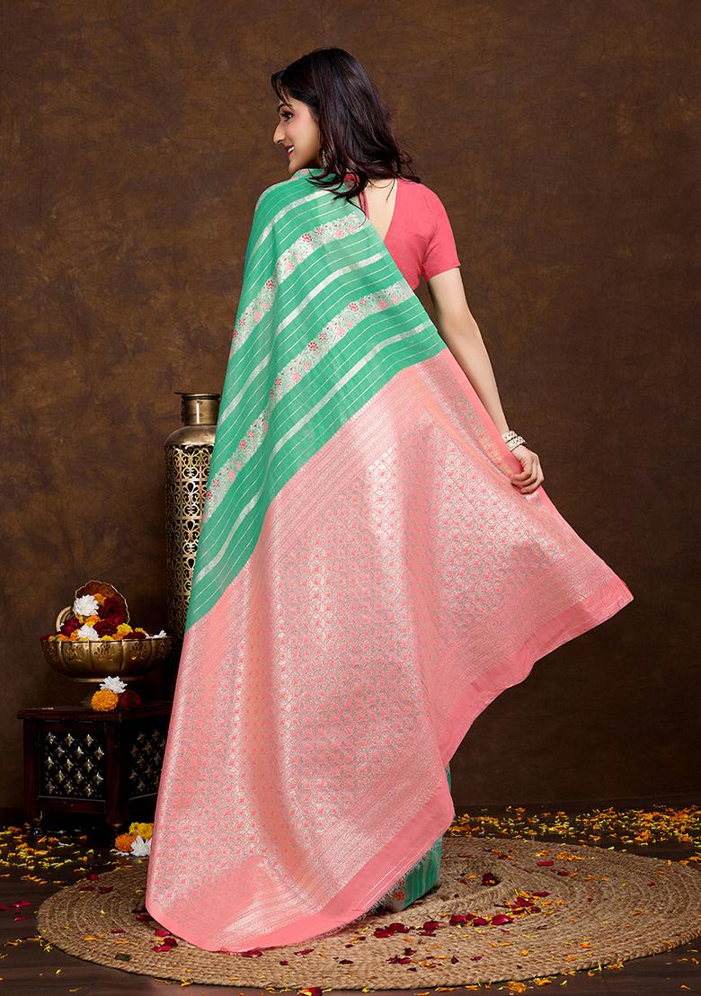 Sea Green Jacquard Cotton Saree Set
