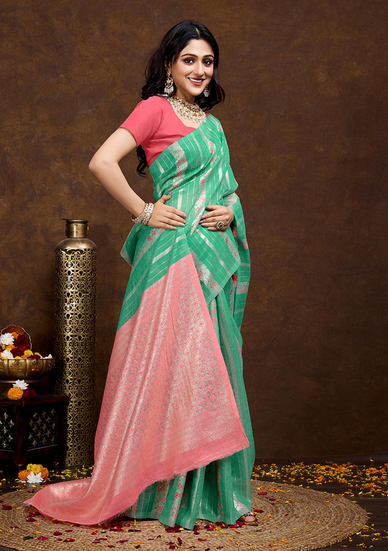Sea Green Jacquard Cotton Saree Set