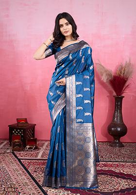 Blue Jacquard Silk Saree Set