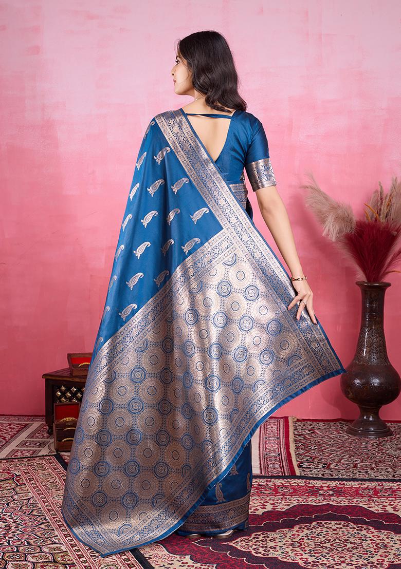 Blue Jacquard Silk Saree Set