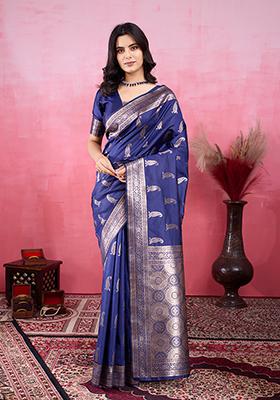 Navy Blue Jacquard Silk Saree Set