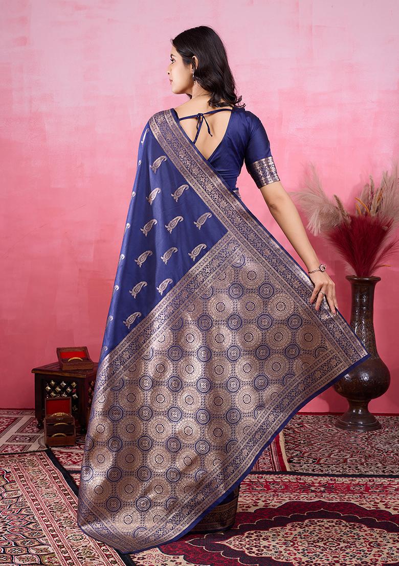 Navy Blue Jacquard Silk Saree Set