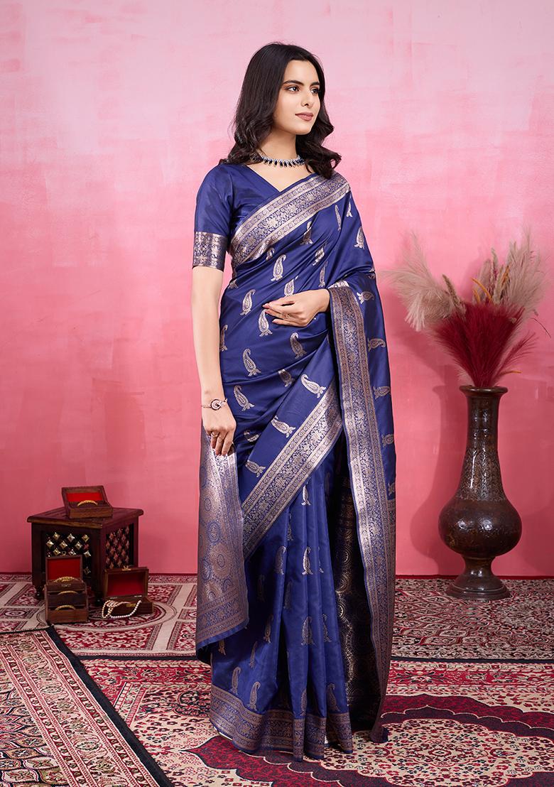 Navy Blue Jacquard Silk Saree Set