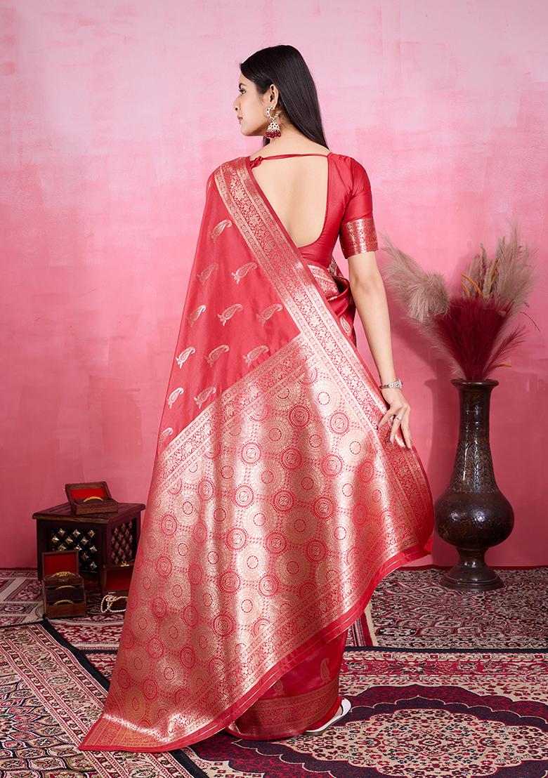 Red Jacquard Silk Saree Set