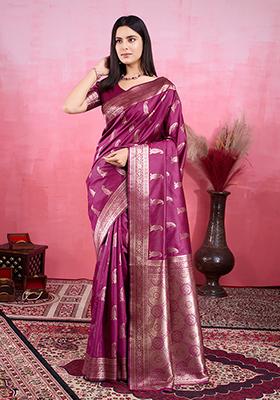 Wine Jacquard Silk Saree Set