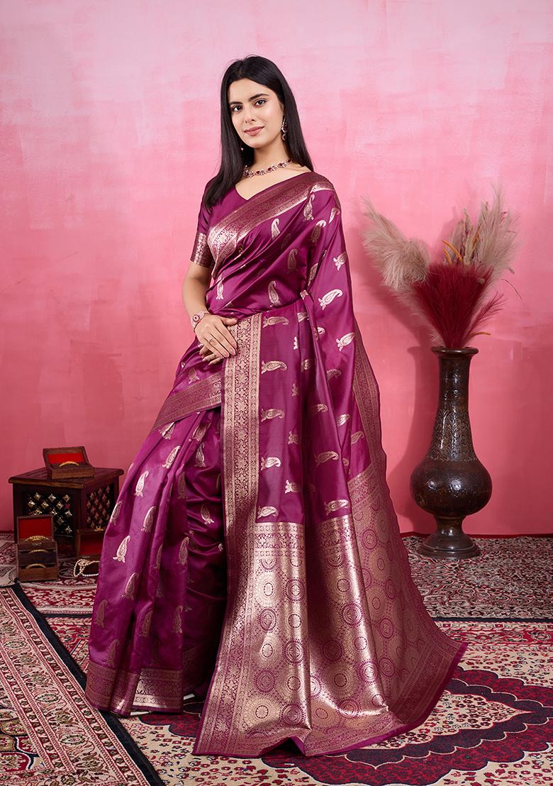 Wine Jacquard Silk Saree Set
