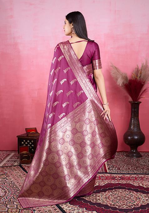 Wine Jacquard Silk Woven Saree With Brocade Work And Embroidery main image 0