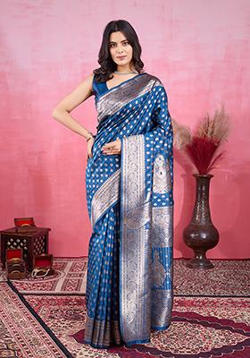 Blue Jacquard Silk Saree Set