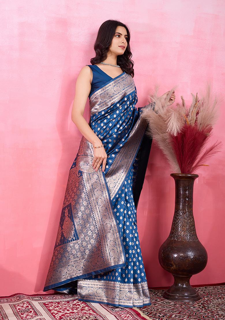 Blue Jacquard Silk Saree Set