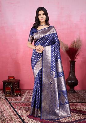 Navy Blue Jacquard Silk Saree Set