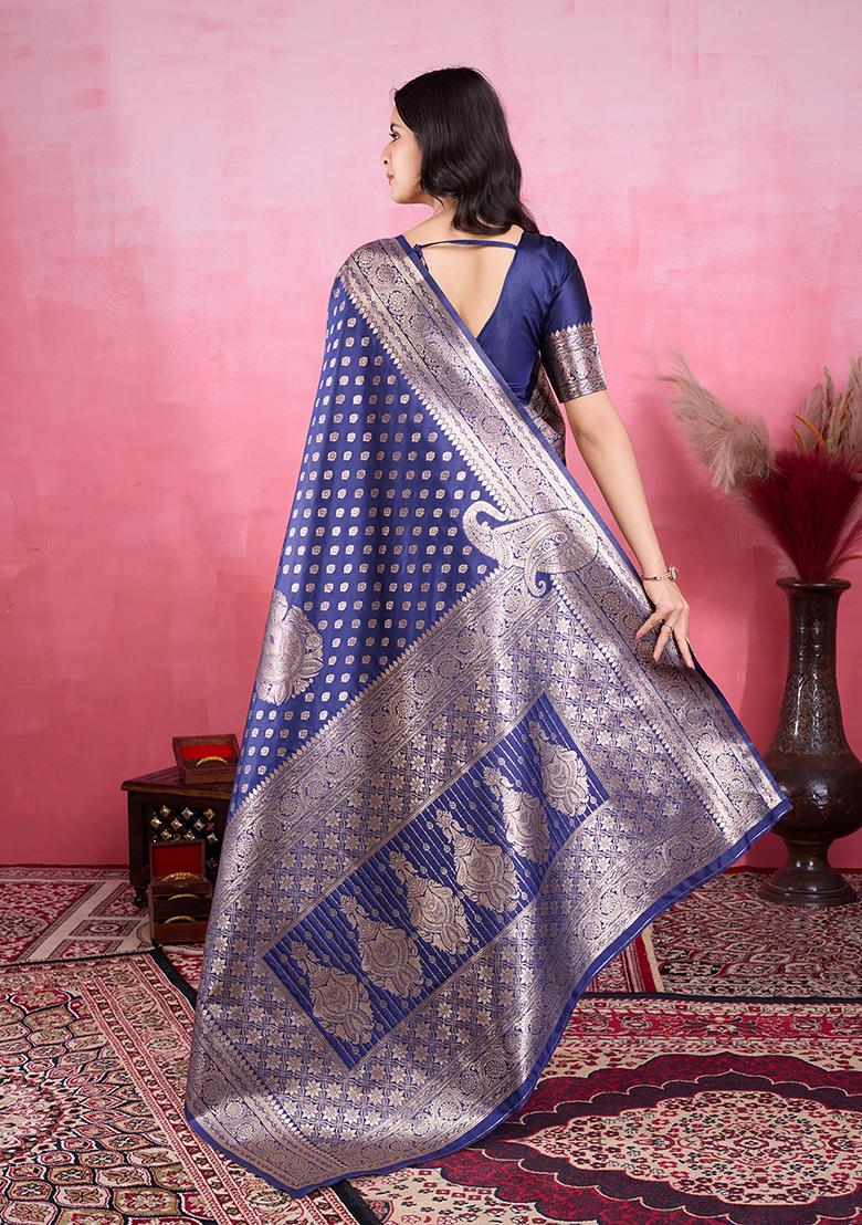 Navy Blue Jacquard Silk Saree Set