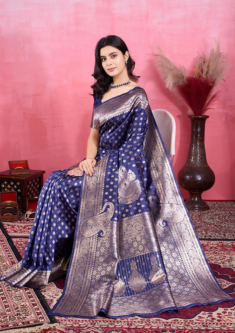 Navy Blue Jacquard Silk Saree Set
