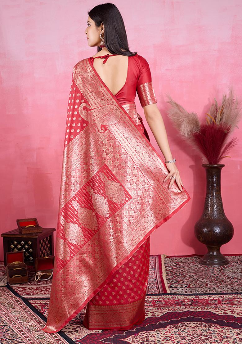 Red Jacquard Silk Saree Set