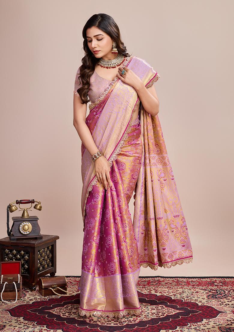 Pink Jacquard Silk Saree Set