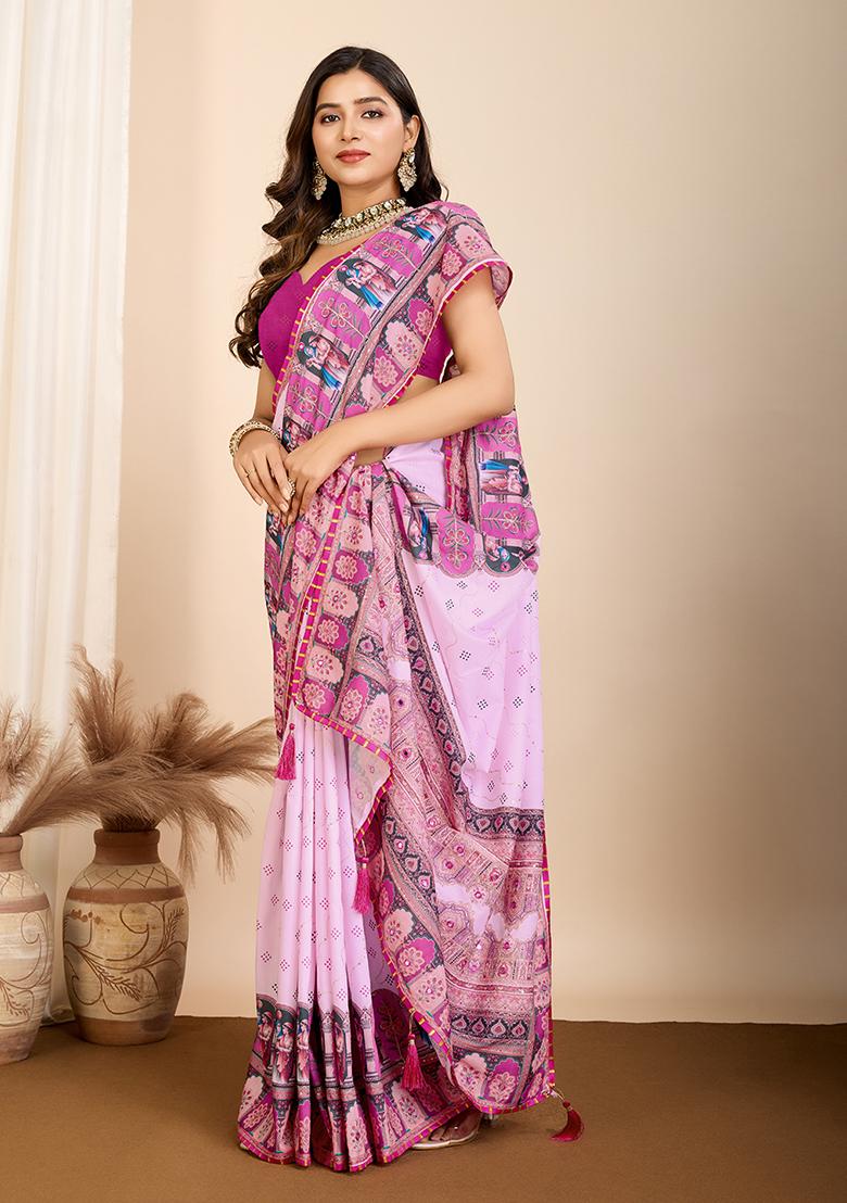 Baby Pink Digital Print Cotton Saree Set