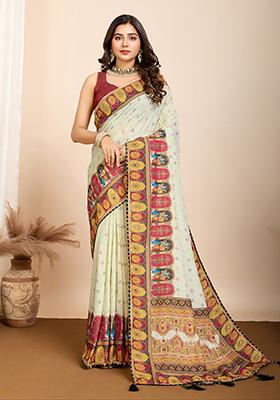 Beige Digital Print Cotton Saree Set