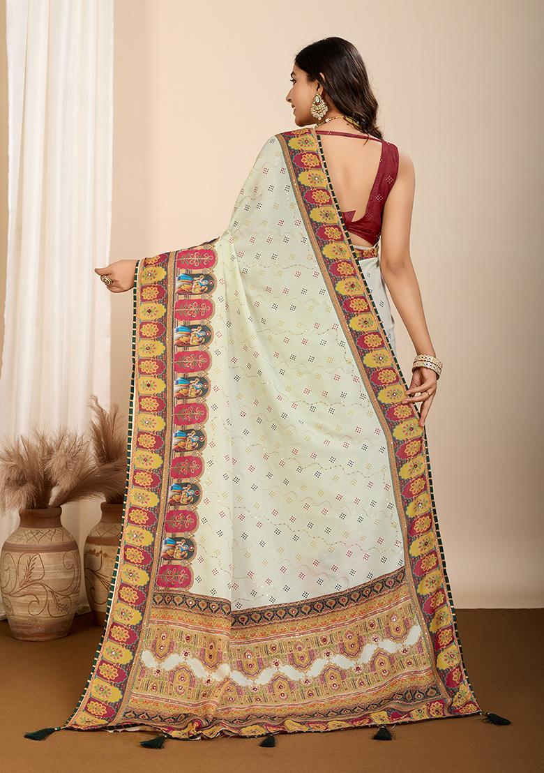 Beige Digital Print Cotton Saree Set