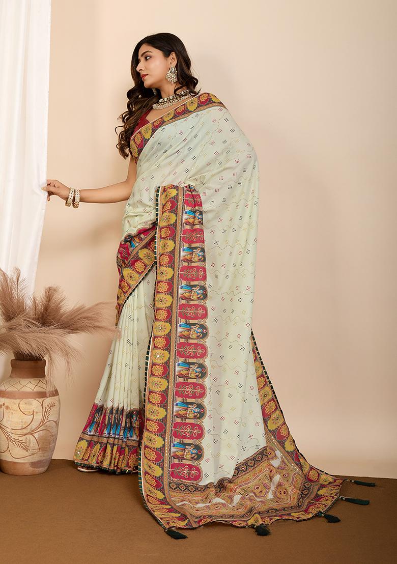 Beige Digital Print Cotton Saree Set