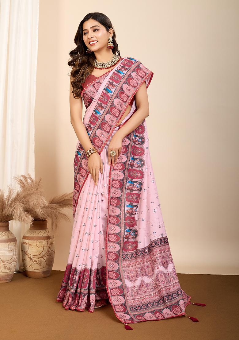 Pink Digital Print Cotton Saree Set