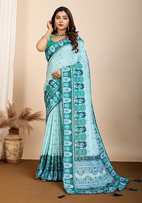 Turquoise Digital Print Cotton Saree Set