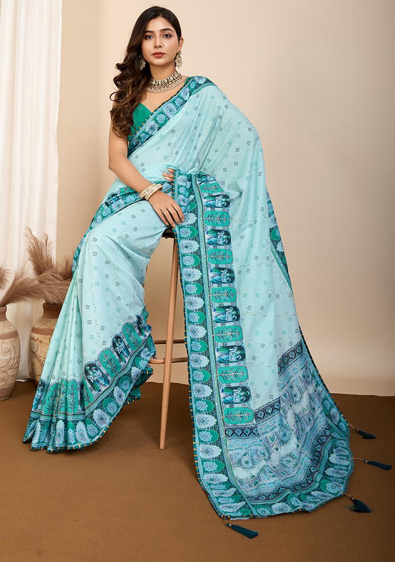 Turquoise Digital Print Cotton Saree Set