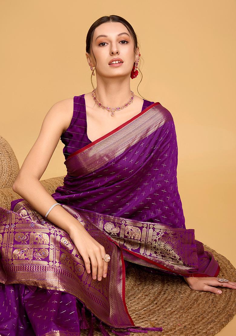 Purple Jacquard Silk Saree Set