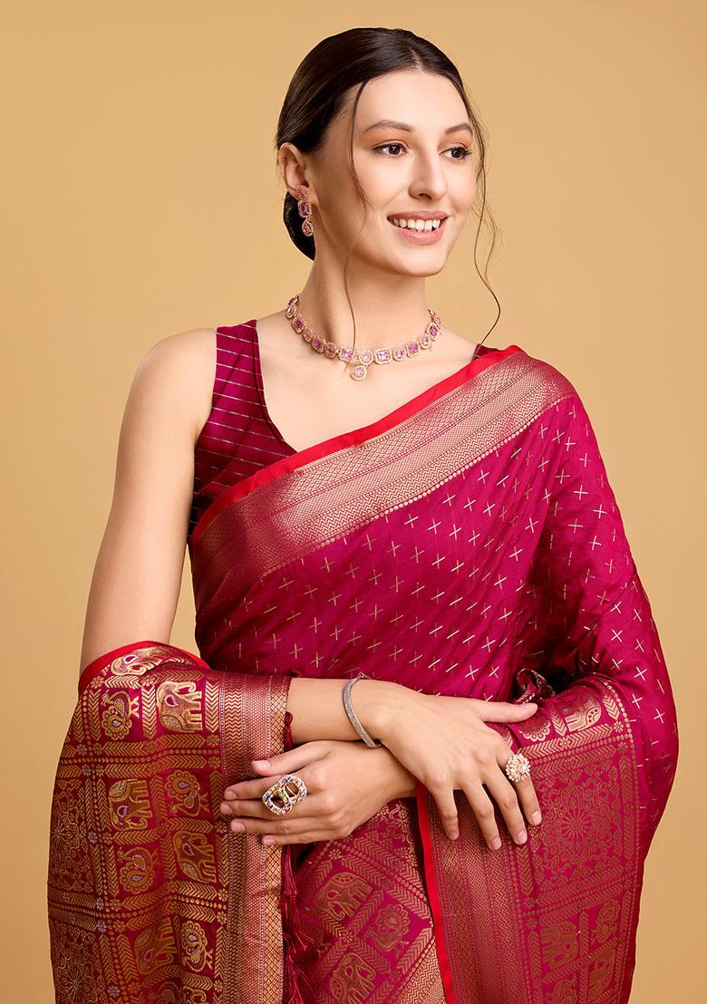 Rani Pink Jacquard Silk Saree Set