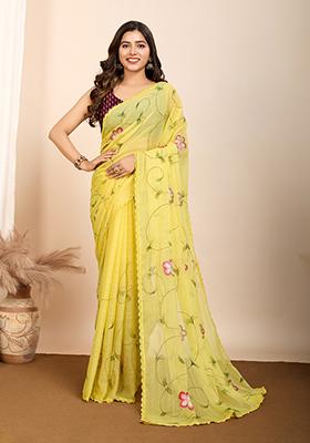 Yellow Printed Georgette Saree Set