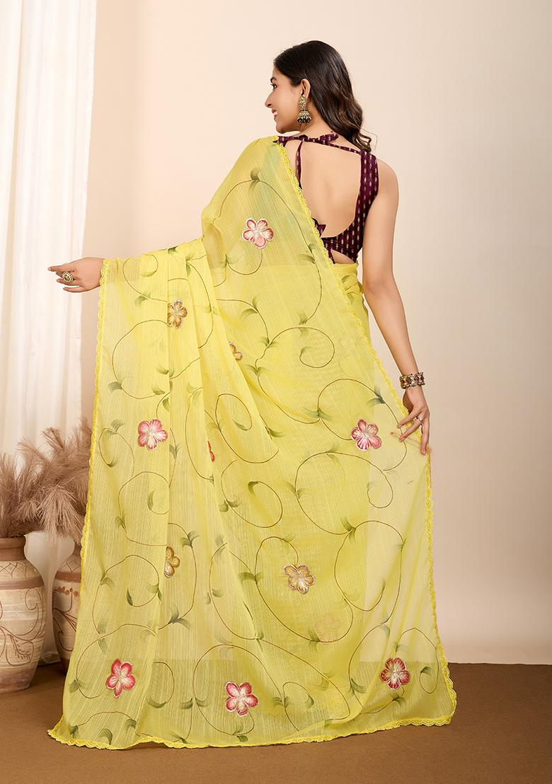 Yellow Printed Georgette Saree Set