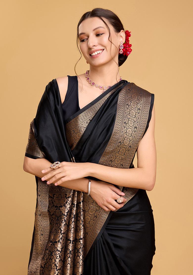 Black Jacquard Silk Saree Set