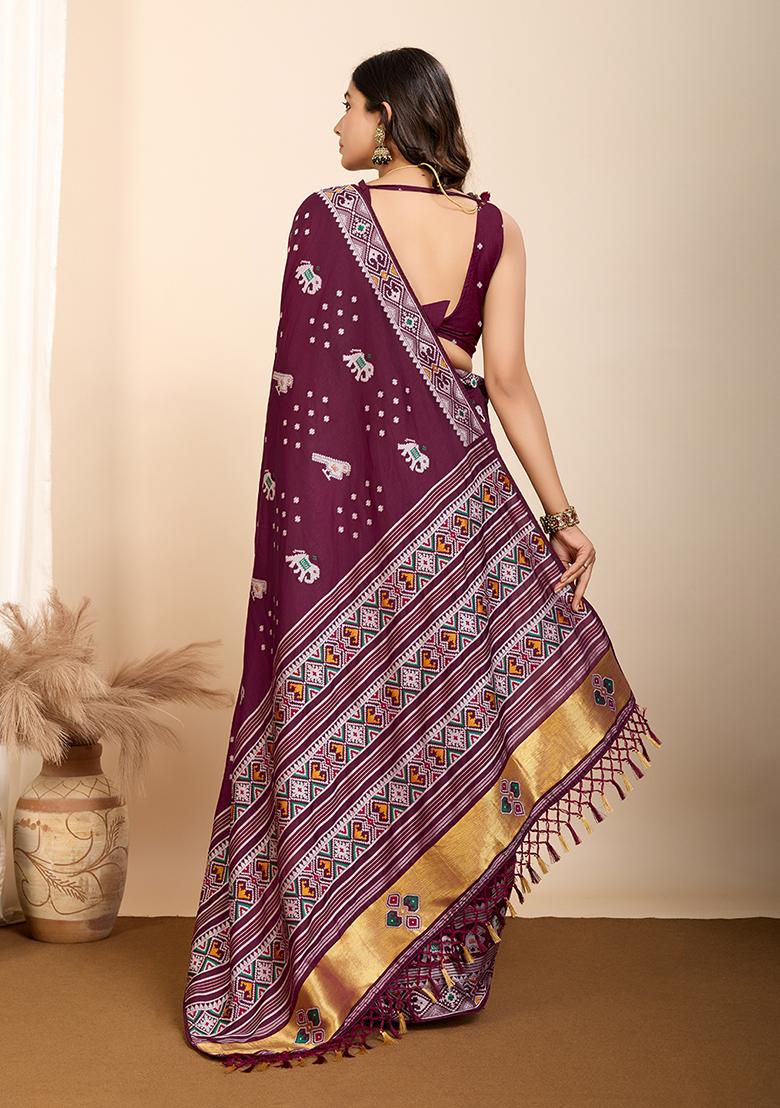 Wine Jacquard Silk Saree Set